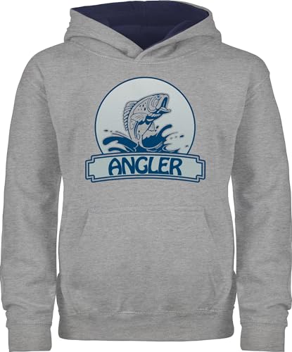 Shirtracer Pullover Kinder Hoodie Jungen Mädchen - Sport Kleidung - Angler Button - 128 (7/8 Jahre) - Grau meliert/Navy Blau - Hoody Winter mit Kapuze Pulli Geschenk für Fischer Fisch kinderhoodie von Shirtracer