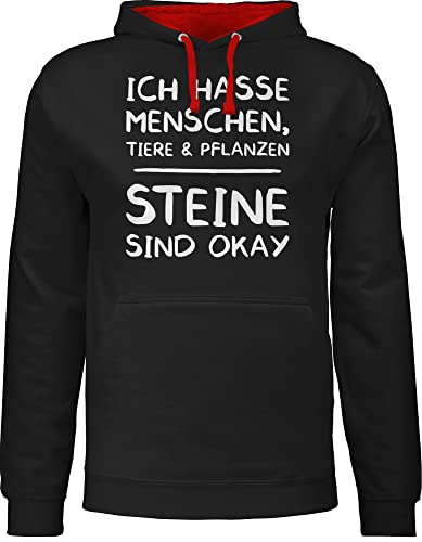 Pullover Herren Frauen Hoodie Kontrast zweifarbig - Sprüche Statement mit Spruch - Ich Hasse Menschen Tiere und Pflanzen Steine Sind Okay - 3XL - Schwarz/Rot - sprüchen drauf alle menschen, von Shirtracer