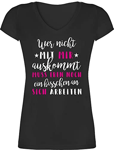 T-Shirt Damen V Ausschnitt - Sprüche Statement Spruch - Wer mit Mir Nicht auskommt - L - Schwarz - Tshirt spruche böse t Shirts freche sprüchen lustige Shirt Frauen Oberteile witzige tischert von Shirtracer