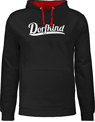 Shirtracer Pullover Herren Frauen Hoodie Kontrast zweifarbig - Sprüche Statement - Dorfkind Weiss - M - Schwarz/Rot - hodi Hoodies polovers Kapuzenpullover herrenpullies polower Hoddies/pullies Hoody von Shirtracer