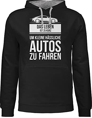 Pullover Herren Frauen Hoodie Kontrast zweifarbig - Sprüche Statement - das leben ist zu kurz um kleine hässliche autos zu fahren - S - Schwarz/Grau meliert - autoliebhaber pulli damen auto von Shirtracer