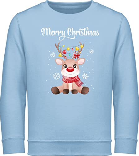 Sweatshirt Kinder Pullover für Jungen Mädchen - Weihnachten Geschenke - Merry Christmas - süßes Rentier mit Lichterkette - 140 (9/11 Jahre) - Hellblau - Weinachten Geschenk weihnchts Frohe zu von Shirtracer