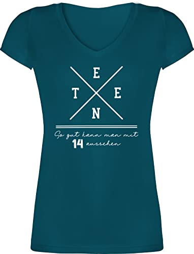 T-Shirt Damen V Ausschnitt - 14. Geburtstag - Teen - So gut kann Man mit 14 Aussehen - Handschirft - weiß - M - Türkis - Jahre vierzehn Shirt mädchen 14.Geburtstag tailliert Outfit zum t alt T-Shirt Damen V Ausschnitt - 14. Geburtstag - Teen - So gut kann Man mit 14 Aussehen - Handschirft - weiß - M - Türkis - Jahre vierzehn Shirt mädchen 14.Geburtstag tailliert Outfit zum t alt von Shirtracer
