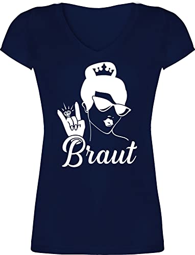 T-Shirt Damen V Ausschnitt - JGA Junggesellenabschied Frauen - Braut mit Ring weiß - 3XL - Dunkelblau - jungesellinnenabschied Frau Shirt Polterabend junggesellinnen v-Ausschnitt Outfit von Shirtracer