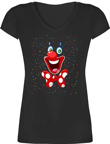 T-Shirt Damen V Ausschnitt - & Fasching - Clown Gesicht Karneval Kostüm Clownkostüm Witziges - XXL - Schwarz - Karnevals t Shirt Partner Faschings köln karnevall karnevalsshirt karnaval Tshirt von Shirtracer