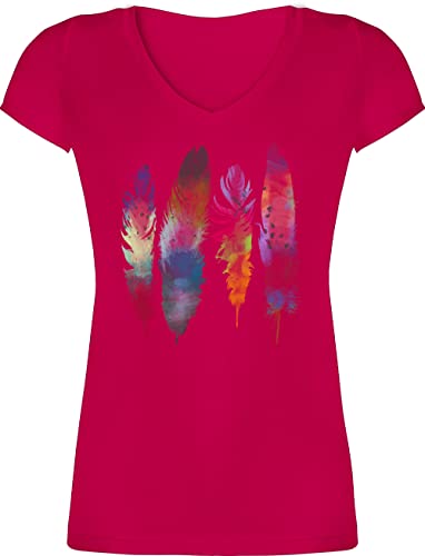 T-Shirt Damen V Ausschnitt - Kunst - Federn Wasserfarbe Watercolor Feathers - 3XL - Fuchsia - t-Shirts Tshirt Feather t - Shirt Hippie Oberteil Motiven Feder t-Short Wasserfarben Shirts Tshirts von Shirtracer