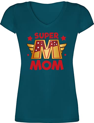 T-Shirt Damen V Ausschnitt - Super Mom I Supermom Heldin Mama - XXL - Türkis - Mutter Tag Geschenk für Geschenke muttertgs Name muttertagsgeschenk t Shirt muttertagsgeschenke supermama von Shirtracer