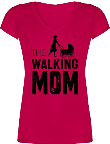 T-Shirt Damen V Ausschnitt - Mama - The Walking Mom - Mütter Kinderwagen Geschenk Geburt Lustig - L - Fuchsia - Mutter Tage Mother s Day mutertagsgeschenke muttertgs mamatags von Shirtracer