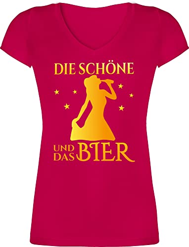 T-Shirt Damen V Ausschnitt - Party & Alkohol - Die schöne und das Bier trinkende Frau Bier gelb - M - Fuchsia - t Shirts für Frauen Shirt Sauf sprüche Tshirt Party+Shirts+Damen+sprüche von Shirtracer