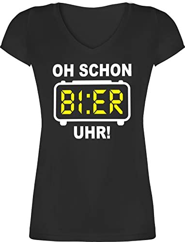 T-Shirt Damen V Ausschnitt - Party & Alkohol - Oh Schon Bier Uhr! Weiß - S - Schwarz - Party: Shirts Frauen Shirt Trinker Tshirt tailliert t sprüche t-Shirts Crew für mit trinkshirt saufi Uhr von Shirtracer