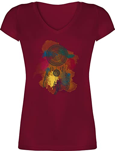 T-Shirt Damen V Ausschnitt - Sprüche Statement - Traumfänger Wasserfarbe Dreamcatcher Watercolor - S - Bordeauxrot - mit Aufschrift Feder Shirt Statements Federn Tshirt Spruch Indian Shirts von Shirtracer