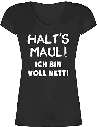 T-Shirt Damen V Ausschnitt - Sprüche Statement mit Spruch - Halt's Maul ich Bin voll nett - L - Schwarz - Frauen Tshirt Shirts Coole spruche bösen t-Shirts Shirt lustige Spruch. Maul! nett! von Shirtracer