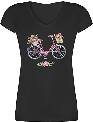 T-Shirt Damen V Ausschnitt - Retro - Vintage Fahrrad Wasserfarbe Blumen - M - Schwarz - fahrrädern Shirt Frauen Tshirt mit Fahrrad, t Shirts radlershirt Kurzarm fahrrd für Motiven Baumwolle Blume von Shirtracer