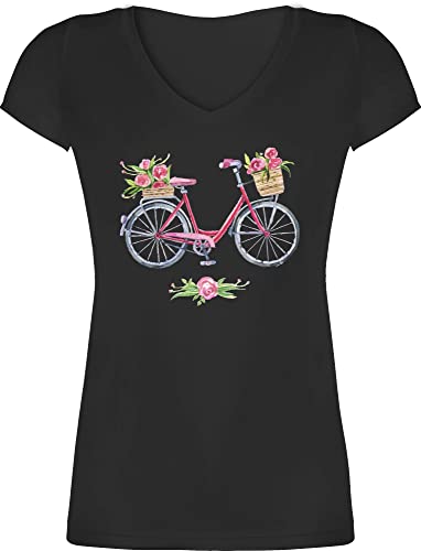 T-Shirt Damen V Ausschnitt - Retro - Vintage Fahrrad Wasserfarbe Blumen - L - Schwarz - t Shirt Frauen Tshirt mit fahrrädern Kunst Bike t-Shirts Geschenkideen für Fahrradfahrer fahrradmotiv Shirts von Shirtracer