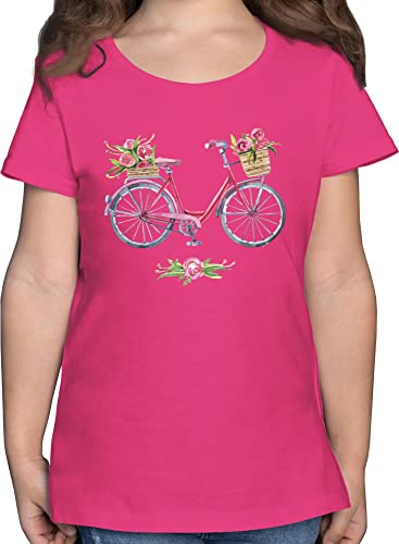 T-Shirt Mädchen - Trend Kinderkleidung und Co - Vintage Fahrrad Wasserfarbe Blumen - 140 (9/11 Jahre) - Fuchsia - fahrradmotiv Shirt Bike Tshirt für Kinder fahrrd t-Shirts Fahrrad, t_Shirt Blume von Shirtracer