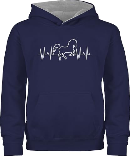 Pullover Kinder Hoodie Jungen Mädchen - Pferde - Pferd Herzschlag - weiß - 140 (9/11 Jahre) - Navy Blau/Grau meliert - reiten Maedchen Geschenk mit pferden Schrift über Geschenke Mode zubehör von Shirtracer