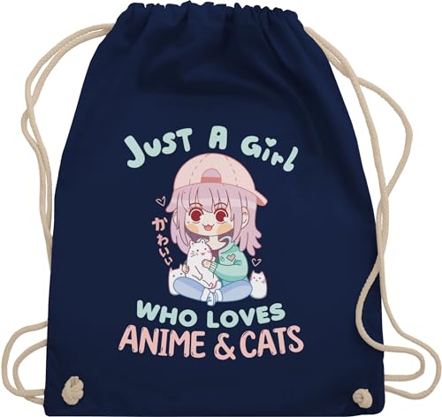 Turnbeutel Rucksack - Geschenke - Just a girl who loves anime & cats kawaii chibi - Unisize - Navy Blau - stoffbeutel mit kordelzug tasche baumwolle turnen beutel taschen stofftasche beuteltasche von Shirtracer