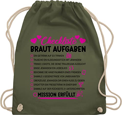 Shirtracer Turnbeutel Rucksack - JGA Junggesellenabschied Frauen - Braut Aufgaben I Mutprobe Checkliste - Unisize - Olivgrün - bride für junggesellinnen junggesellenabschieds turnsäckchen beutel mit von Shirtracer