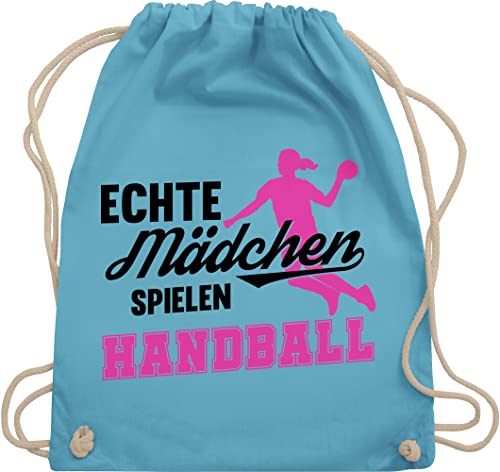 Turnbeutel Rucksack - Kinder Sport Kleidung - Echte Mädchen spielen Handball - Sprungwurf - Unisize - Hellblau - kinderturnbeutel maedchen turnsäckchen beutel tasche sporttasche sportbeutel von Shirtracer