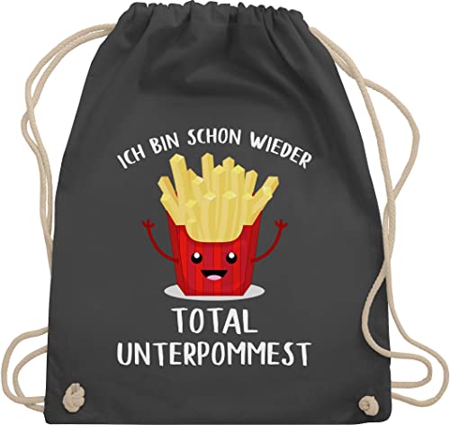 Shirtracer Turnbeutel Rucksack - Sprüche Statement mit Spruch - Ich bin schon wieder total unterpommest - Unisize - Dunkelgrau - pommes taschen bedruckt geschenk zur einschulung unter baumwollbeutel von Shirtracer