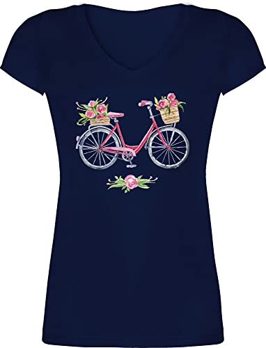 T-Shirt Damen V Ausschnitt - Retro - Vintage Fahrrad Wasserfarbe Blumen - XXL - Dunkelblau - Geschenkideen für Fahrradfahrer Kunst Bike Shirt Tshirt mit fahrrädern Art fahrrd t-Shirts fahrradshirt von Shirtracer