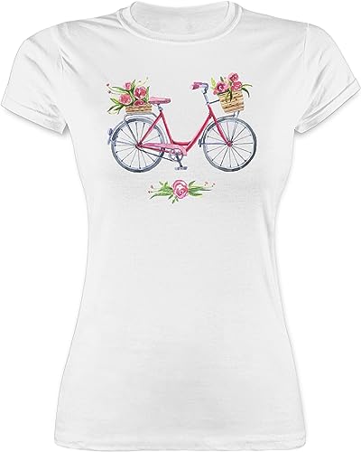 Shirt Damen - Retro - Vintage Fahrrad Wasserfarbe Blumen - XXL - Weiß - fahrrd t Shirts mit Aufdruck Bike Tshirts Motiven Tshirt Blume Frauen t-Shirt Shirt, leiberl t-schirts Kurzarm t-Shirts Frau von Shirtracer