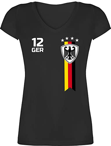 T-Shirt Damen V Ausschnitt - Fußball EM - WM Fan Deutschland - L - Schwarz - Shirt 2024 Fussball em24 Bundesadler Tshirt Frauen Deutschland-Trikot triko Fussball-wm Germany Logo t-Shirts t Trikots von Shirtracer