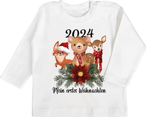 Baby Langarmshirt - Geschenke Christmas - 2024 Mein erstes Weihnachten mit süßen Tieren - schwarz - 6/12 Monate - Weiß - My 1st t - Shirt 1. Outfit weihnachtsartikel 1stes Longsleeve von Shirtracer