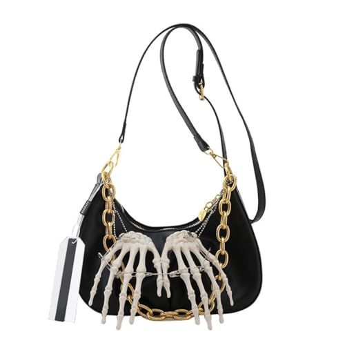 Damen Punk PU Leder Achseltasche mit Metallkette Skelett Knochen Anhänger Knödel Tasche Crossbody Schultertasche Handtasche, Schwarz von Shntig