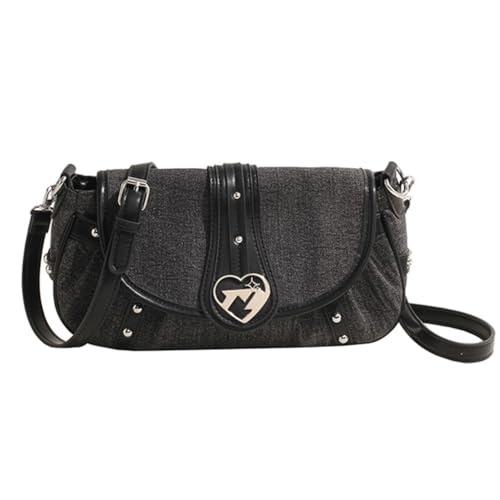 Damen-Umhängetasche, Punk, Nieten, Denim, ästhetische Herzschnalle, kleine Knödelform, Umhängetasche, Handtasche, Geldbörse, Schwarz von Shntig