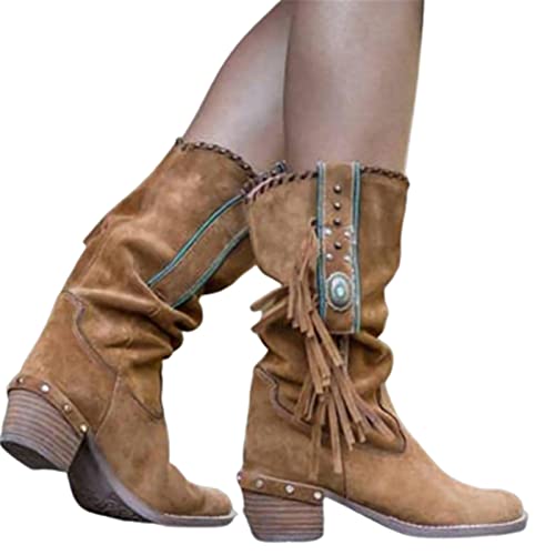 JFISQ Runder Zeh Western-Cowboystiefel Damen Niedriger Blockabsatz Booties Schuhe Retro Lässig Mode Kurze Stiefeletten Mit Fransen Atmungsaktiv Rutschfest Arbeitsschuhe,Braun,40 von Shot Case