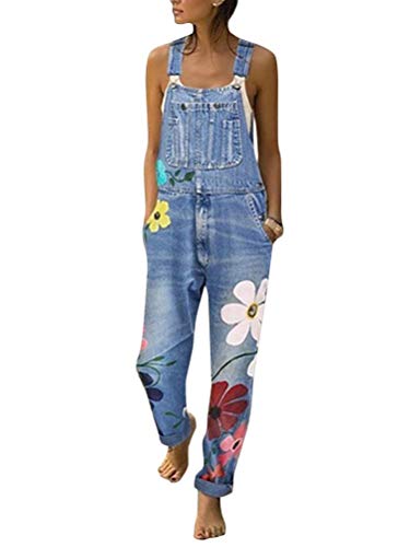 shownicer Damen Denim Jeans Latzhose Overall Blumen Jeansoptik Klasse Vintage Jeans Lang Lässig Baggy Stylisch Jumpsuit Hüftjeans Blau 38 von shownicer