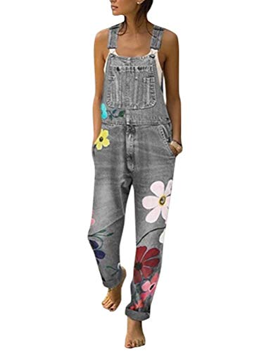 shownicer Damen Denim Jeans Latzhose Overall Blumen Jeansoptik Klasse Vintage Jeans Lang Lässig Baggy Stylisch Jumpsuit Hüftjeans Grau 42 von shownicer