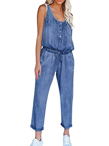 shownicer Damen Jeans Overall Jumpsuit Latzhosen Loose Fit Denim Ärmellos Hosenanzug Einteiler Jeans Overall Freizeit Playsuit Denim Hosen Navy L von shownicer