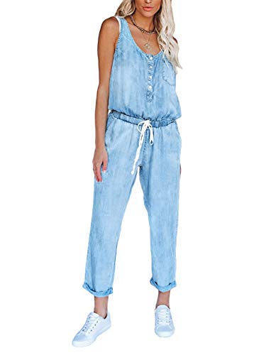 shownicer Damen Jeans Overall Jumpsuit Latzhosen Loose Fit Denim Ärmellos Hosenanzug Einteiler Jeansoverall Freizeit Playsuit Denim Hosen Hellblau L von shownicer