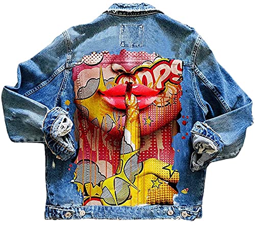 shownicer Damen Jeansjacke Blau Taschen Einreiher Zerrissene Graffiti Langarm Oversize Boyfriend Mode Denim Jacket Mädchen Oberbekleidung A Hellblau S von shownicer