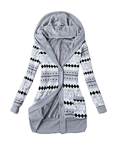 shownicer Damen Lange Mäntel mit Kapuze Drucken Gestrickt Winterjacke Warm Plüsch Gefüttert Knopf Strickjacke Outwear Mäntel Kapuzenpullover Kapuzenjacke Grau M von shownicer