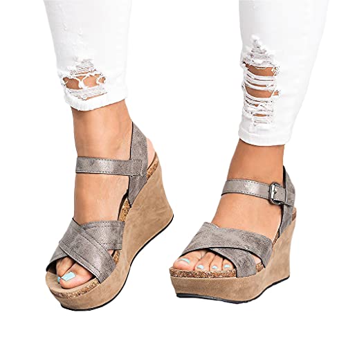 shownicer Damen Sandalen Casual Sommer Keilabsatz Wedge Peep Toe Strandschuhe Römersandalen Retro Sommerschuhe Mode Pantoletten A Grau 34 EU von shownicer