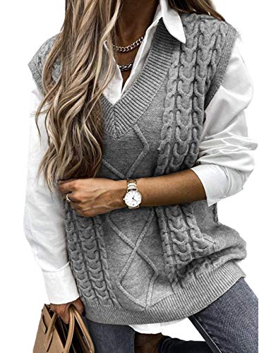 shownicer Damen V-Ausschnitt Strickweste Mode Pullunder Ärmelloser Pullover Weste Jacke Casual Strick Tank Top Sweater Streetwear A Grau M von shownicer