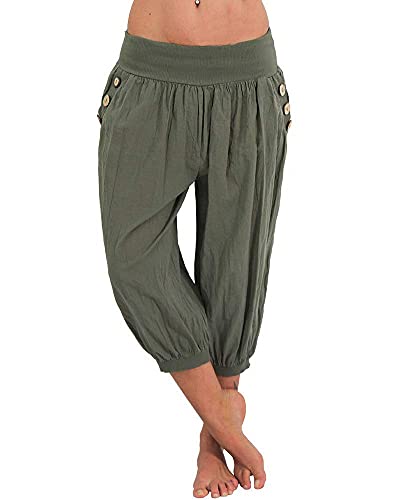 shownicer Haremshose Damen Kurz Pumphose 3/4 Baggy Hose Leichte Sommerhose Pluderhose Lässige Stoffhose Weite Aladinhose Freizeithose Yogahose Strandhose mit Taschen A Grün L von shownicer