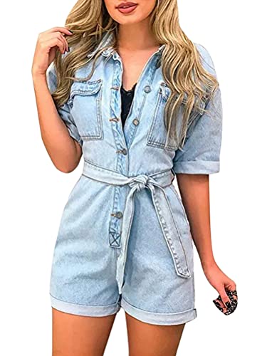 shownicer Jumpsuit Damen Sommer Jeans Overall Kurzarm Kurz Latzhose Casual Playsuits Blau Denim Wasser Waschen Hohe Taille Drehen Unten Kragen Romper D Hellblau L von shownicer