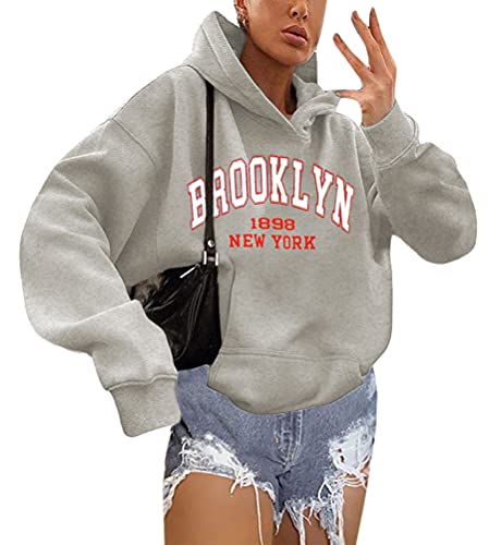 shownicer Kapuzenpullover Für Damen Herbst Winter Hoodie Letter Print Sweatshirt Lose Casual Langarm Hip Hop Langarmshirt Pullover mit Kapuze Sport Outerwear X1 Grau M von shownicer