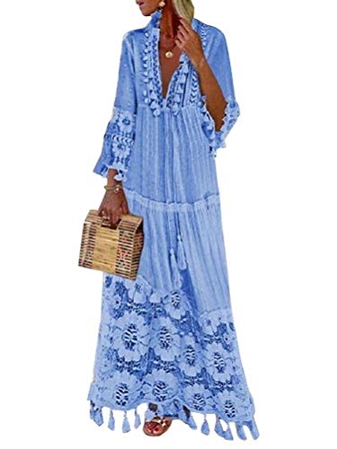 shownicer Langes Kleid Damen 3/4 Ärmel Floral Spitzenkleid Sommerkleider V-Ausschnitt Strandkleid Boho Vintage Party Maxikleid Blau XXL von shownicer