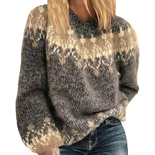 shownicer Strickpullover Damen Oversize Pullover Grobstrick Winterpullover Strickpulli Sweater Lässig Outwear Casual Elegant Einfarbig Grau M von shownicer