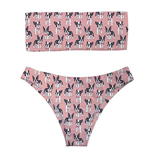 Showudesigns Damen Trägerlose Bademode High Cut Zweiteilige Bandeau Bikini Set Tier Gr. S, Boston Terrier pink von Showudesigns