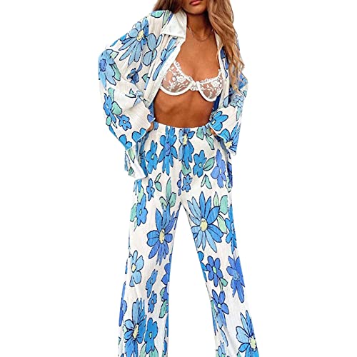 Shujin Damen 2-teiliges Casual Outfit Plissee Set Elegant Hosenanzug Langarm Button Down Revers Bluse mit High Waist weitem Bein Hose Sommer Anzüge Loungewear Streetwear(Blau,S) von Shujin