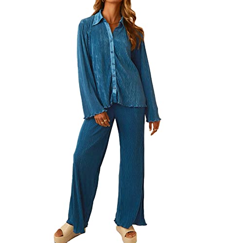 Shujin Damen 2-teiliges Casual Outfit Plissee Set Elegant Hosenanzug Langarm Button Down Revers Bluse mit High Waist weitem Bein Hose Sommer Anzüge Loungewear Streetwear(Pfauenblau,M) von Shujin