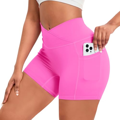 Shujin Damen Gym Shorts V Cross mit Handytasche Sportshorts High Waist Push Up Kurze Sporthose Nahtlos Blickdicht Workout Leggings Radlerhose für Sommer Yoga Fitness Lauf(1pc Hot Pink,M) von Shujin