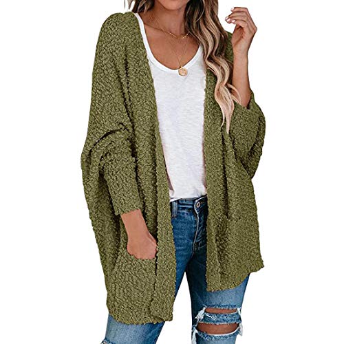 Shujin Damen Langarm Strickjacke Lose Sweater Fuzzy Coat V Ausschnitt Plüschjacke Oversize Strickmantel Strickpullover Warm Cardigan Outerwear mit Taschen(Grün,S) von Shujin