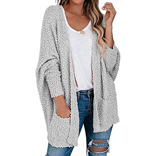 Shujin Damen Langarm Strickjacke Lose Sweater Fuzzy Coat V Ausschnitt Plüschjacke Oversize Strickmantel Strickpullover Warm Cardigan Outerwear mit Taschen, Grau, Gr. S von Shujin